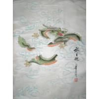 Chinese Painting of a Green Dragon on Silk Fabric